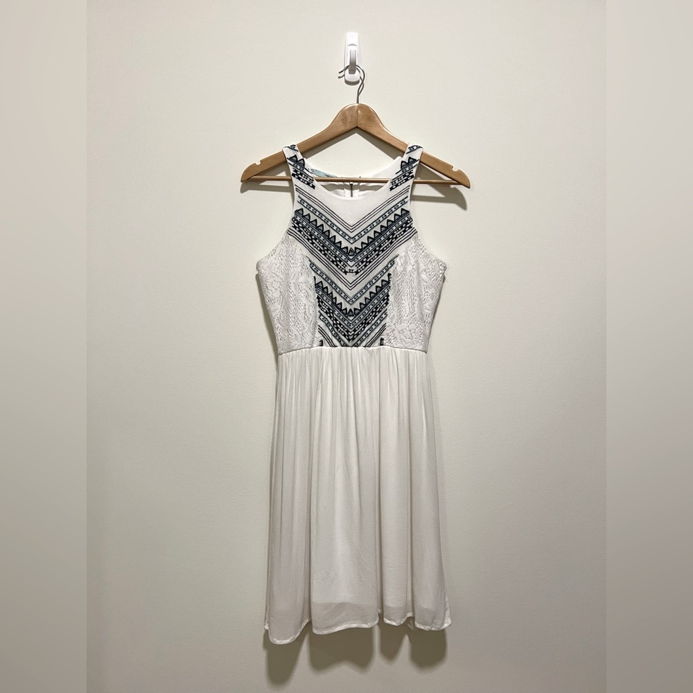 White Maurices Dress with Black, Blue, and Green Embroidered Western Pattern